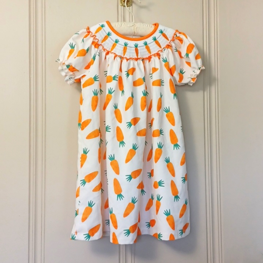 Adorable🥕Carrot Print Smocked Collar Puff Sleeve Dress Girls 6-7/8